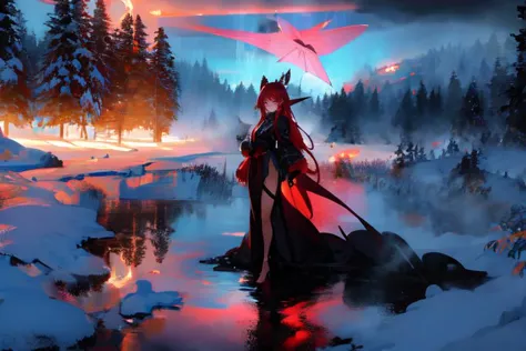 (otherworldly), highly insanely detailed, masterpiece, top quality, best quality, highres, 4k, 8k, RAW photo, (very aesthetic, beautiful and aesthetic), <lora:snowylandscape:1>, (snowylandscape, pure winter:1.2), long shadows, cloudy sky, light rays, 
psychedelic, prismatic, 
1girl, solo, 
Tower13_Gizelle, 
a beautiful elvish girl, 
dark_skin, tan_skin, tanned skin, dark skin, dark-skinned, black-skinned, bronze skin, 
(fiery red hair ), 
(flare,fog,wet,wet body,rain,raining,night,neon lights,twilight:1.2), (fantasy world)âââ