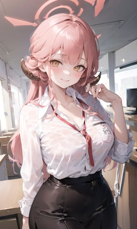 ((masterpiece, best quality)), (1girl),((mature female)), lightpink hair, halo, horn, ((office lady )),bangs,middle breast,(busty),slim,smile, [wide hips],office,standing, aru \(blue archive\),