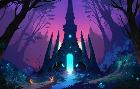 a cartoon style image of a castle in the middle of a forest