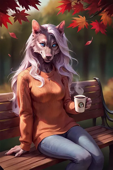 araffe with a cup of coffee sitting on a bench