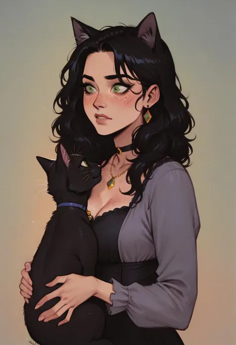 a drawing of a woman holding a cat with a black cat on her chest