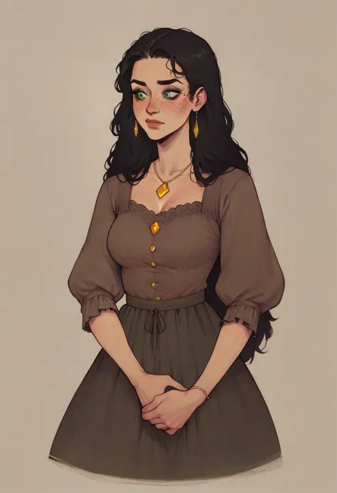 a drawing of a woman in a brown dress with long black hair