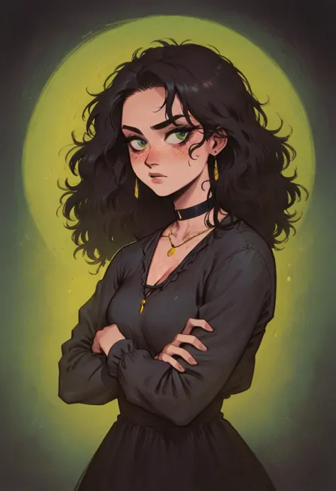 a drawing of a woman with long black hair and a necklace