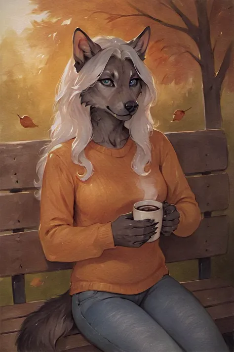 painting of a woman with a wolf head and a cup of coffee