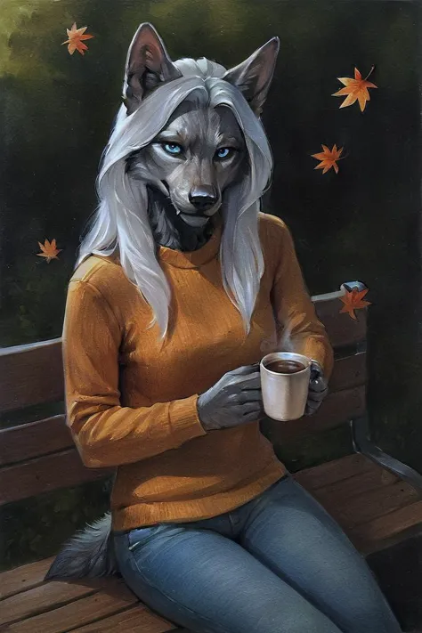 painting of a woman with a wolf mask sitting on a bench