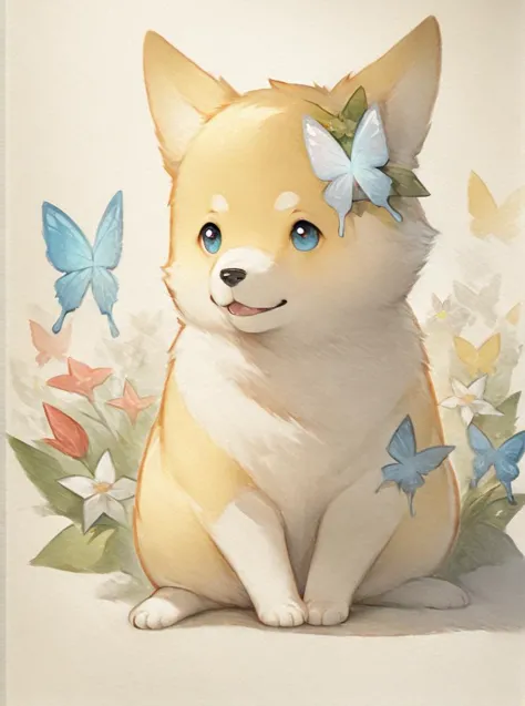 painting of a dog with a butterfly in its mouth sitting in a field of flowers