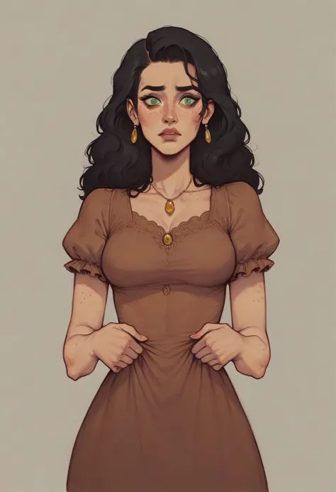 a drawing of a woman in a brown dress with long black hair