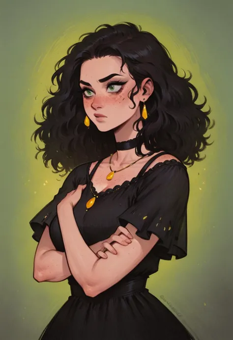 a drawing of a woman with black hair and earrings