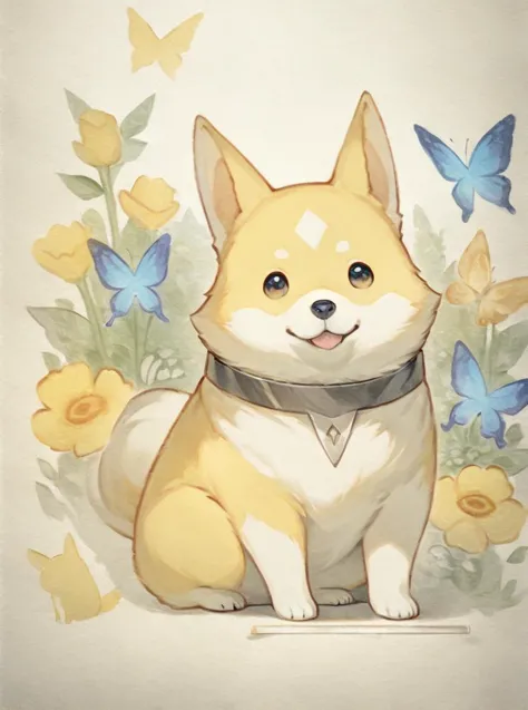 there is a dog sitting in a field of flowers with butterflies