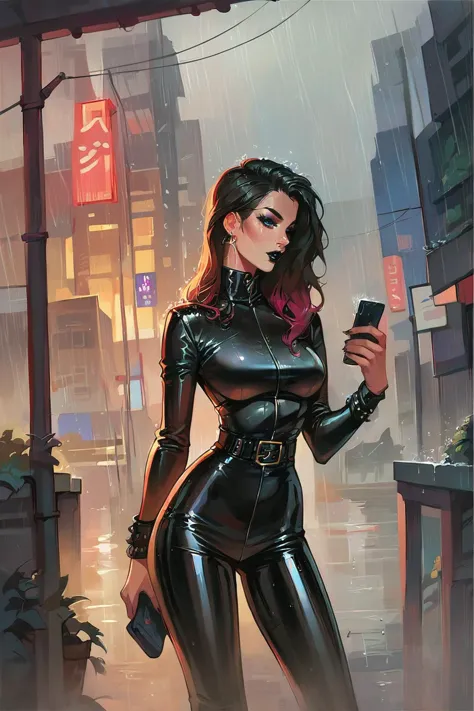 score_9, score_8_up, score_7_up, shiny skin, 
city, cell phone, latex, raining, black lipstick,
<lora:add-detail-xl:3>, <lora:Blue Water Style LoRA_Pony XL v6:1>