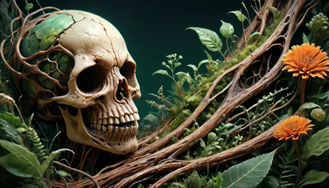 there is a skull with a green head and a vine around it