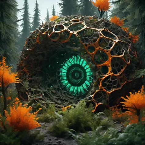 there is a green eyeball in the middle of a forest