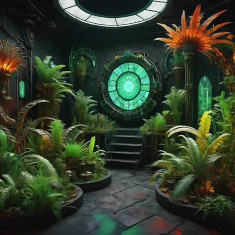 there is a room with a clock and plants in it