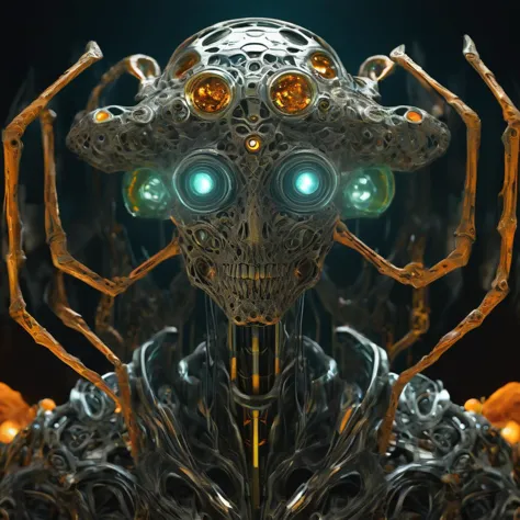 a close up of a robot with glowing eyes and a skull head