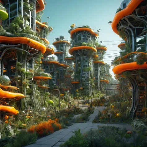 futuristic city with orange and green plants and trees