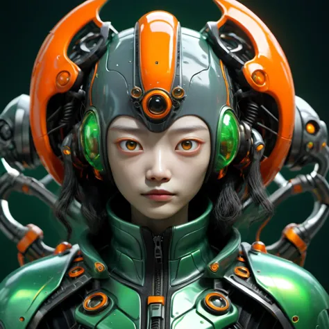 a close up of a woman in a futuristic suit with a helmet on