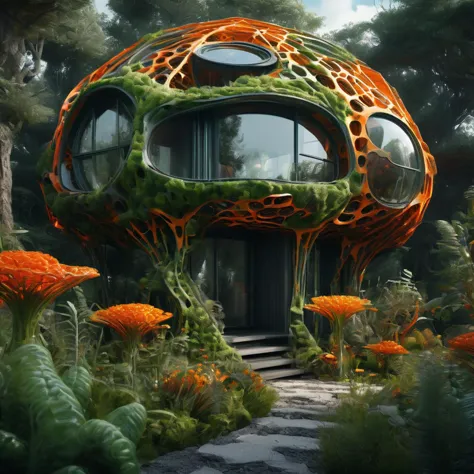 there is a house made of orange flowers and green plants