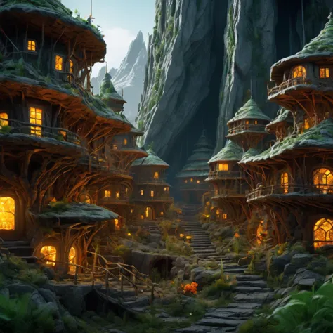 there is a picture of a fantasy village with a lot of trees