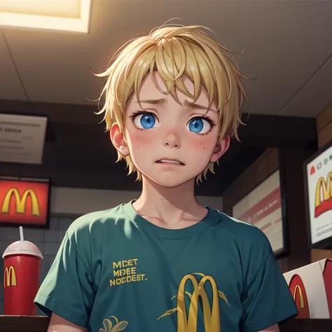 little boy, <lora:l_pld_pearsbd2n_sd_64_32:0.9> pleading expression, blonde hair, male, cinematic, chiaroscuro, mcdonalds, bright green print shirt, blue eyes