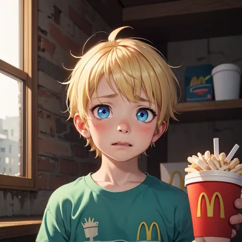 little boy, <lora:l_pld_pearsbd2n_sd_64_32:0.9> pleading expression, blonde hair, male, cinematic, chiaroscuro, mcdonalds, bright green print shirt, blue eyes