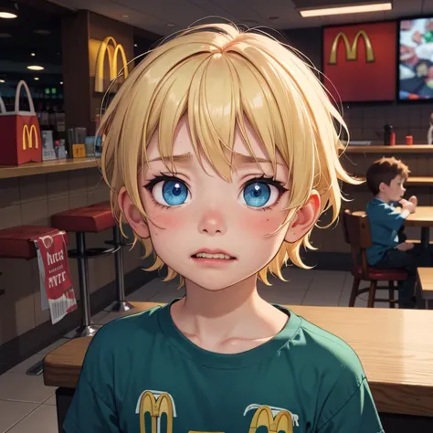 anime boy with blonde hair and blue eyes in a restaurant