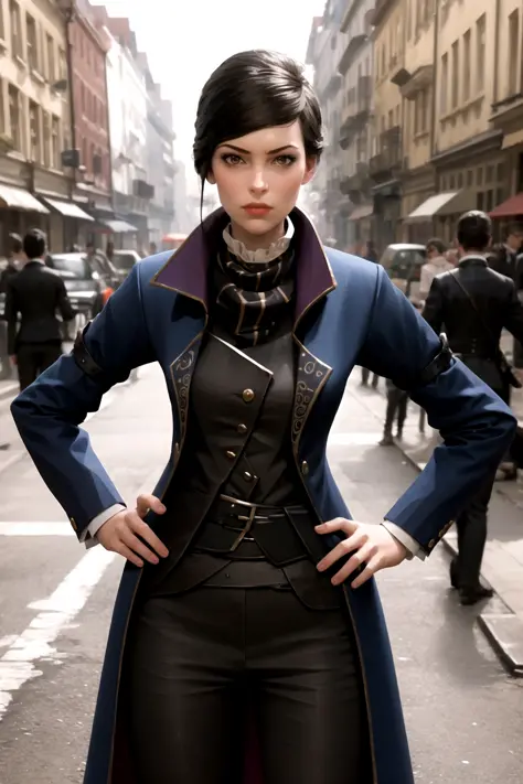 masterpiece, best quality, 1girl, ekaldwin, hands on hips, coat, looking at viewer, outdoors, realistic, Victorian, steampunk, steampunk street background 