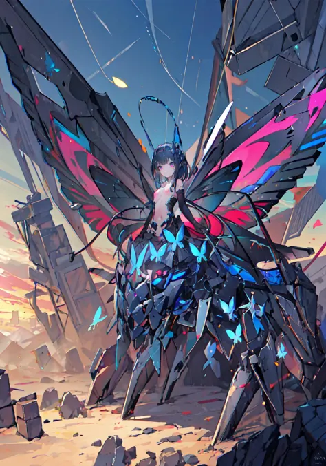 masterpiece, best quality, ultra-detailed, 1girl, headgear, topless, black gloves, elbow gloves, (butterfly wings), flying, mech...