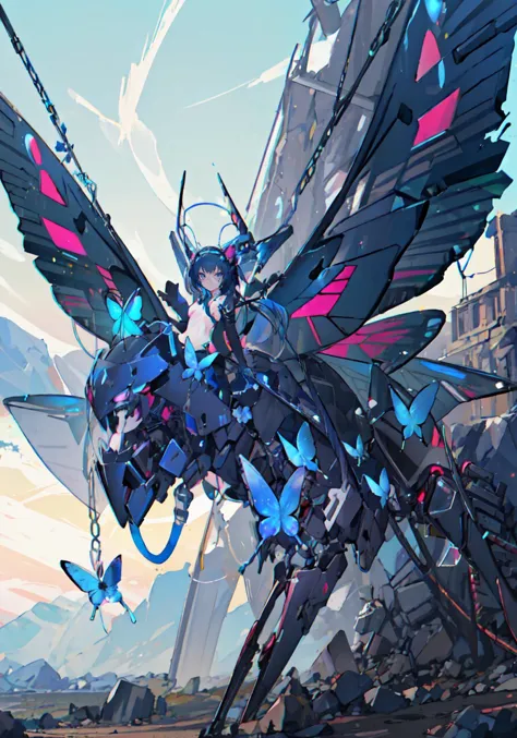 a close up of a robot with wings flying over a city