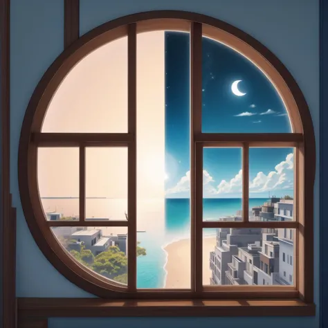 a view of a window with a view of the ocean and a crescent