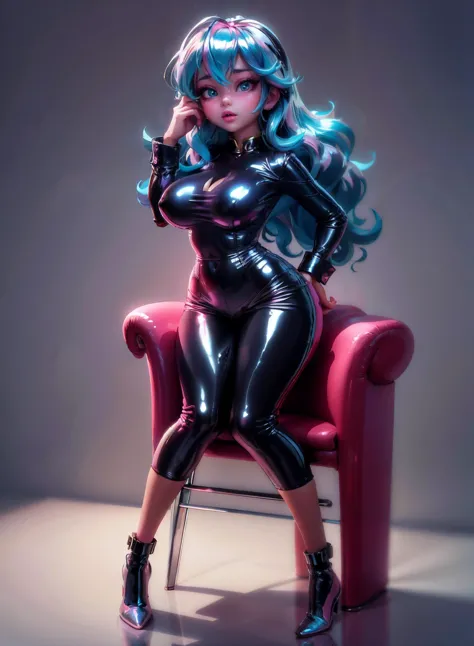 (masterpiece, best quality) analogue photo of petite curvy short young woman, age21, (( full body)) head rest , side pose wearing (holographic:0.9) (chrome:1.1) Cropped pants , kinky latex bondage, Wearing a Tailored Blouse , medium breasts (thick ass:0.7)...