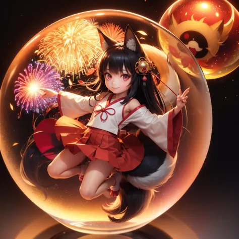 (masterpiece, best quality:1.4), (raw photo, photo realistic:1.2), bokeh, vivid color, perfect hands,
a miniature Japanese girl wearing miko uniform lying in glass orb, solo, floating sphere, (levitation:1.1), (magic circle:1.1), black hair, red eyes,
fox ears, fox tail, (Magic Circle:1.1), (ankle up:1.1), bare shoulders, armpits,
looking at viewer, smile,
(fireworks background:1.1),
(glass focus, close-up glass:1.4),
full body, from side,