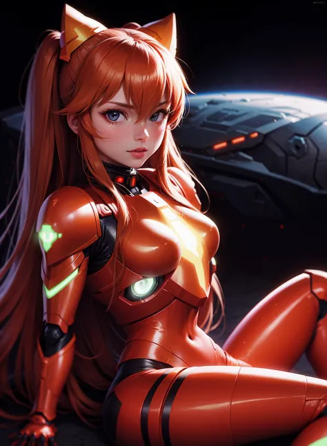 Photorealism, bautiful portrait, beautiful Asuka Langley wearing scifi armor