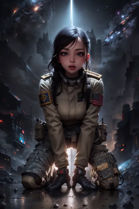 masterpiece, high quality, dark, dynamic lighting,
BREAK space ship,
BREAK military woman, extremely detailed military clothes,