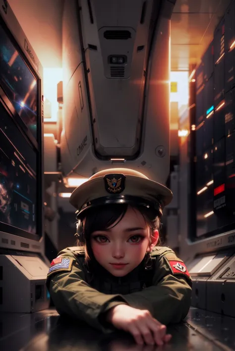 傑作, 高品質, 暗い, ダイナミックライティング,
宇宙船を破壊,
ブレイク軍人女性, 非常に精巧な軍服, コンテナに寄りかかって床に横たわる, 微笑む, オープンジャケット,