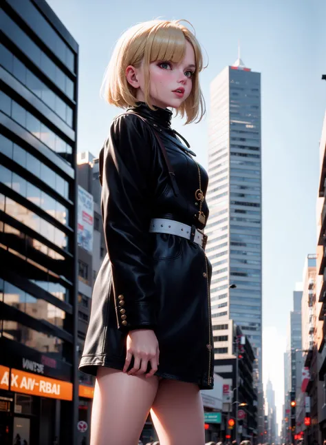 Foto de estilo callejero de una mujer de estilo grunge en las calles de 1990 Manhattan de pie frente a un edificio de gran altura, rubio, Años 90 Bob, Carly Norris, Película Sliver, iluminación natural, La foto es Agfa Vista 200.