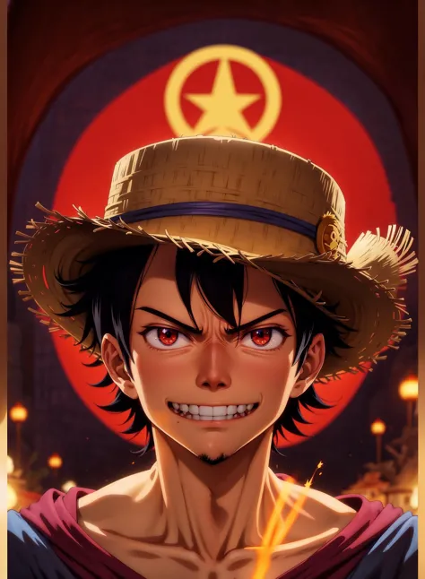 mono d. Luffy, anime de una pieza, Cicatriz en forma de X en el pecho., sombrero de copa, cuerpo simétrico, Retrato, iluminación cinematográfica, alto contraste, estación de arte, arte conceptual del personaje, 8k --ar 2:3 --uplight