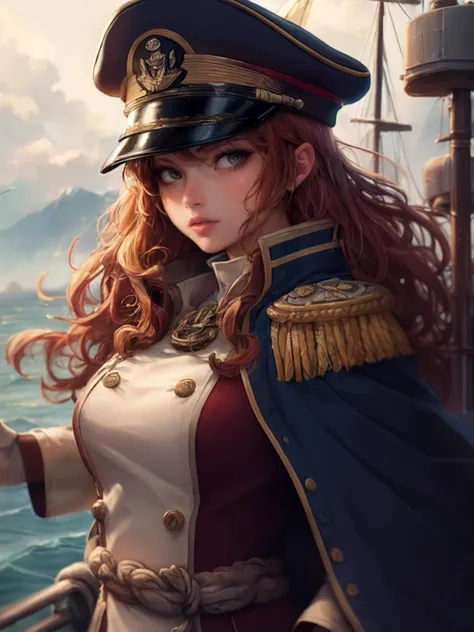 best quality, masterpiece, jp-Kraasni-50 1girl,      solo,  upper body, looking at viewer, detailed background, detailed face, (smokestyle theme:1.1), admiral, serious, brown elaborate naval uniform, elegant cloak, admiral's cap, decorations, dynamic pose, on deck of ship, sails, rigging, rail, anchor, nautical tools, island in background, overcast, dramatic lighting, strategy, epic atmosphere,   