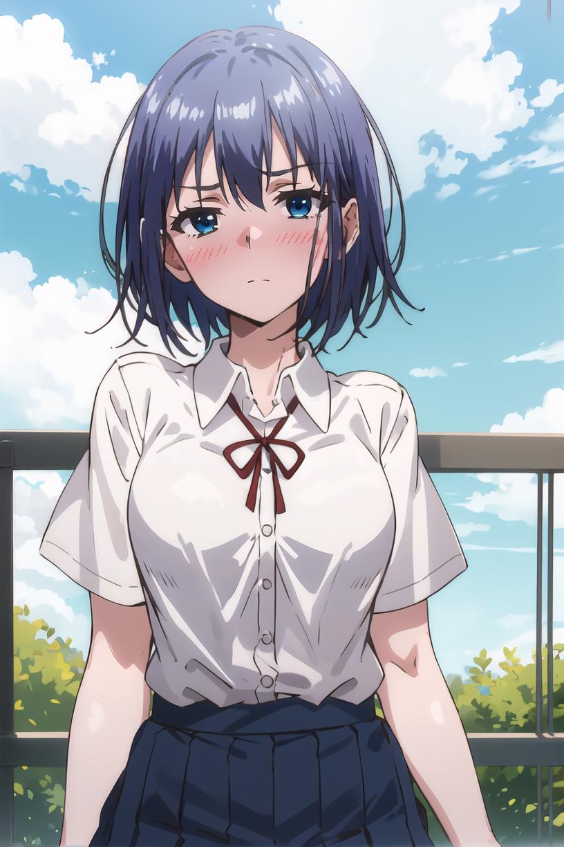 Anime girl with purple hair and blue eyes sitting on a bench - SeaArt AI