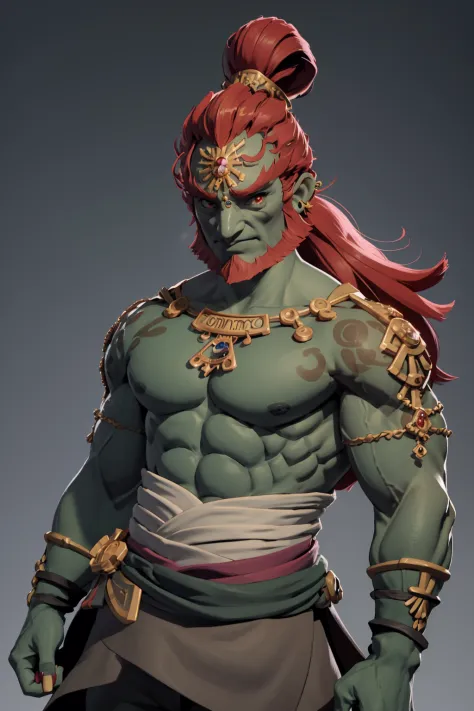 obra maestra, mejor calidad, 1 chico, Ganondorf, cabello rojo, pelo largo, barba, ojos rojos, piel verde, muscular, pectoral, abdominales, joyas, mirando al espectador, fondo sencillo 