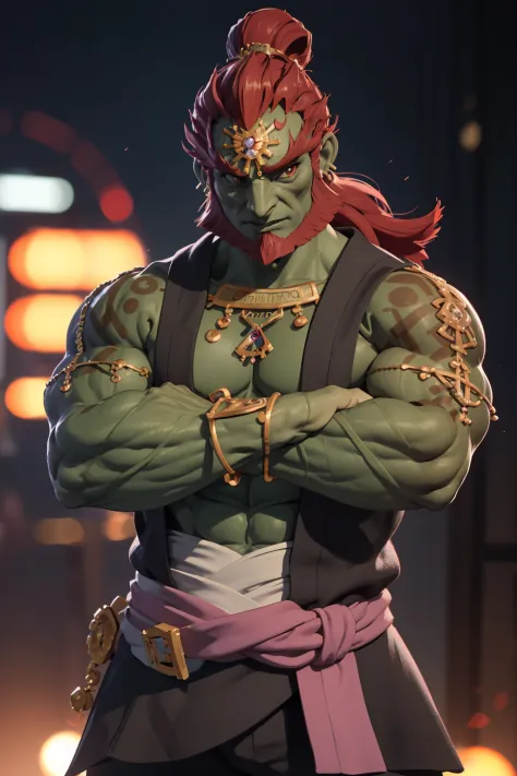 obra maestra, mejor calidad, Ganondorf, bara, cabello rojo, pelo largo, barba, ojos rojos, piel verde, muscular, pectoral, abdominales, joyas, mirando al espectador, (flexionando los brazos), mostrando musculos, bokeh, profundidad de campo, fondo de gimnasio 