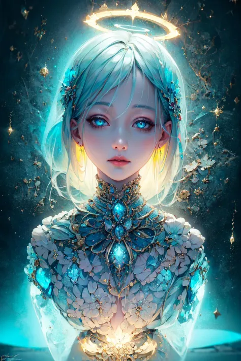 ((mejor calidad)), ((obra maestra)), ((Realista)), Retrato,
1 chica, celestial, deidad, diosa, Partículas de luz, halo, mirando al espectador, Vacío, 
(bioluminiscente:0.95) océano, bioluminiscente, vibrante, vistoso, color, (Brilloing, Brillo),
(Hermosa composición), iluminación cinematográfica, Intrincado, (simétrico:0.5), caprichoso,
