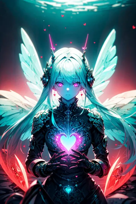 masterpiece, best quality,upper body,
1girl, wings, (red heart:1.2), red triangle led lights, mechanical parts, 
in a (bioluminescent) ocean, (biofluorescence), vibrant, colourful, color, (glowing, glow),
(beautiful composition, coherent), perfect composition, perfect lighting, cinematic lighting, intricate, (symmetrical:0.65), whimsical,
<lora:ButterflyX_v26:0.6>