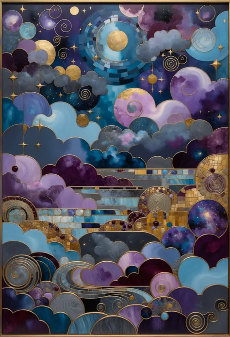 Masterpiece, abstract art, night sky with clouds by Bradley Walker Tomlin, Gustav Klimt, (shades of gray, light-blue, violet, gold, plum, cherry colors), insanely detailed, intricate, studio photo quality  <lora:BlurXL:-2> <lora:Wildcard-Detail_Enhancer:1> <lora:Grainy-v1:0.3>