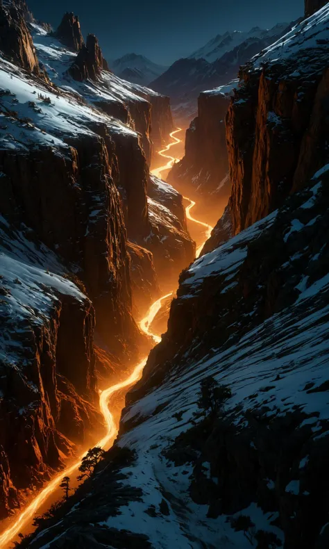 a view of a mountain with a river running through it