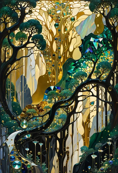 liquid chrome, liquid gold wet on wet, ultra highly detailed, cinematic, Mountain forest, Broken Glass effect, energy, molecular, textures, iridescent and luminescent scales, breathtaking beauty, pure perfection, divine, John Gilbert, by Gustav Klimt, by Bill Watterson<lora:Art-full_v1:0.5>