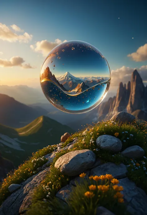 a close up of a bubble floating over a mountain with a sky background