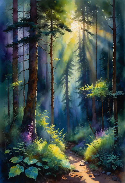 Dark mysterious forest, perfect watercolor illustration, alcohol ink, crossed colors, highly detailed, dappled light, crepuscular rays, captivates with sharp focus, high resolution details, ultra-thin textures, intricate, studio photo quality, by Peder Mork Monsted, by Erin Hanson, by Claude Monet, by Arthur Hughes, by Melissa McKinnon, by David Mack,