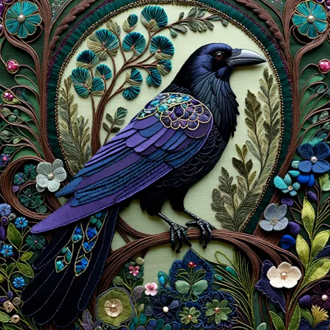 art nouveau, an intricate pattern created from small pieces of fabrics, silk, velvet, lace, brocade, raven made of felt, forest ...