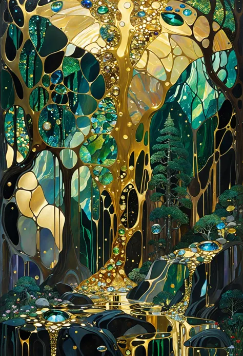 a painting of a tree with a butterfly on it in a forest