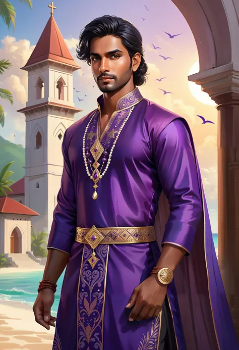 modelshoot style digital illustration medium shot of a indian male aasimar sorcerer wearing purple kurta, art by tony sart and rossdraws and Magali Villeneuve, sharp focus, intricate background of a church on a tropical island, trending on artstation, trending on cgsociety, rustic, fine art, photorealistic, dark magic, black smoke, old man, high quality, embedding:HandDetail